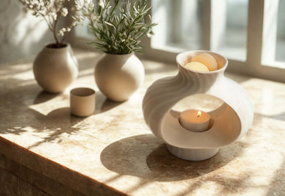 White ceramic wax melt burner with a lit candle warming wax melts on a smooth stone surface with decorative vases in the background 