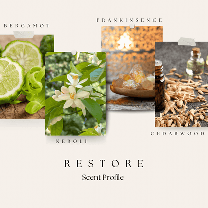 Collage of essential oils and their names with a focus on 'Restore' scent profile.