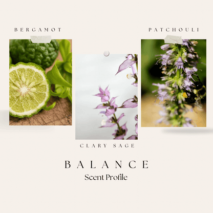 Three scents with images of bergamot, clary sage, and patchouli on a white background.