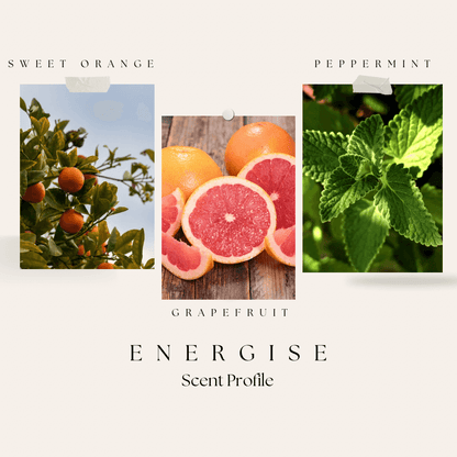 Grapefruit with slices, sweet orange on a tree, and peppermint leaves on a white background with text 'Energise Scent Profile'.